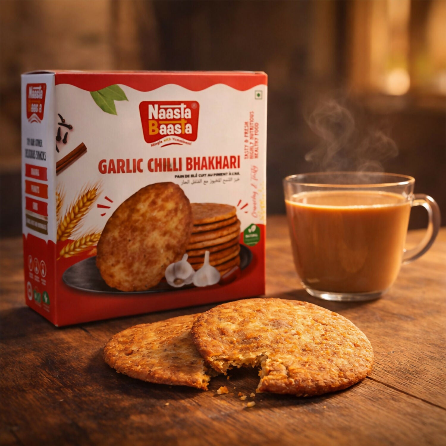 Naasta Baasta Garlic Chilli Bhakhari Ready-to-Eat Crispy Wheat Snack (200 Gm) 1 Naasta Baasta Garlic Chilli Bhakhari Ready-to-Eat Crispy Wheat Snack (200 Gm)