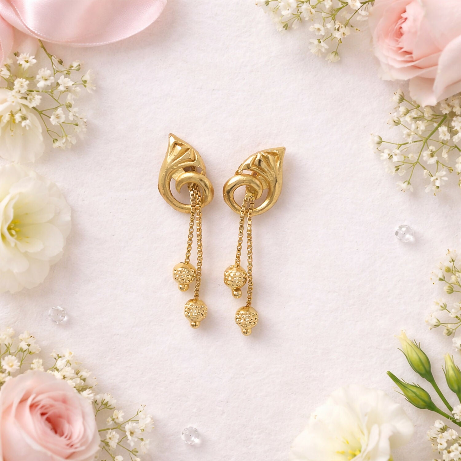Graceful Flower Crown Gold Dangle Earrings with Bead Drops and Chains (2 Pair) 3 Graceful Flower Crown Gold Dangle Earrings with Bead Drops and Chains (2 Pair) - Image 3