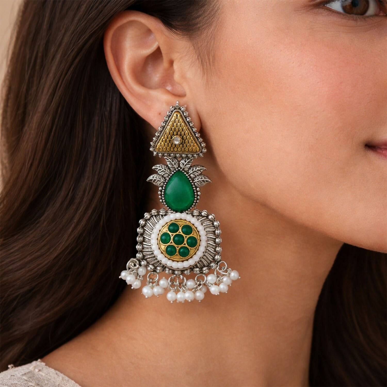 Elegant Oxidized Silver Earrings with Green Stone & Pearl Drop Fringe 3 Elegant Oxidized Silver Earrings with Green Stone & Pearl Drop Fringe - Image 3