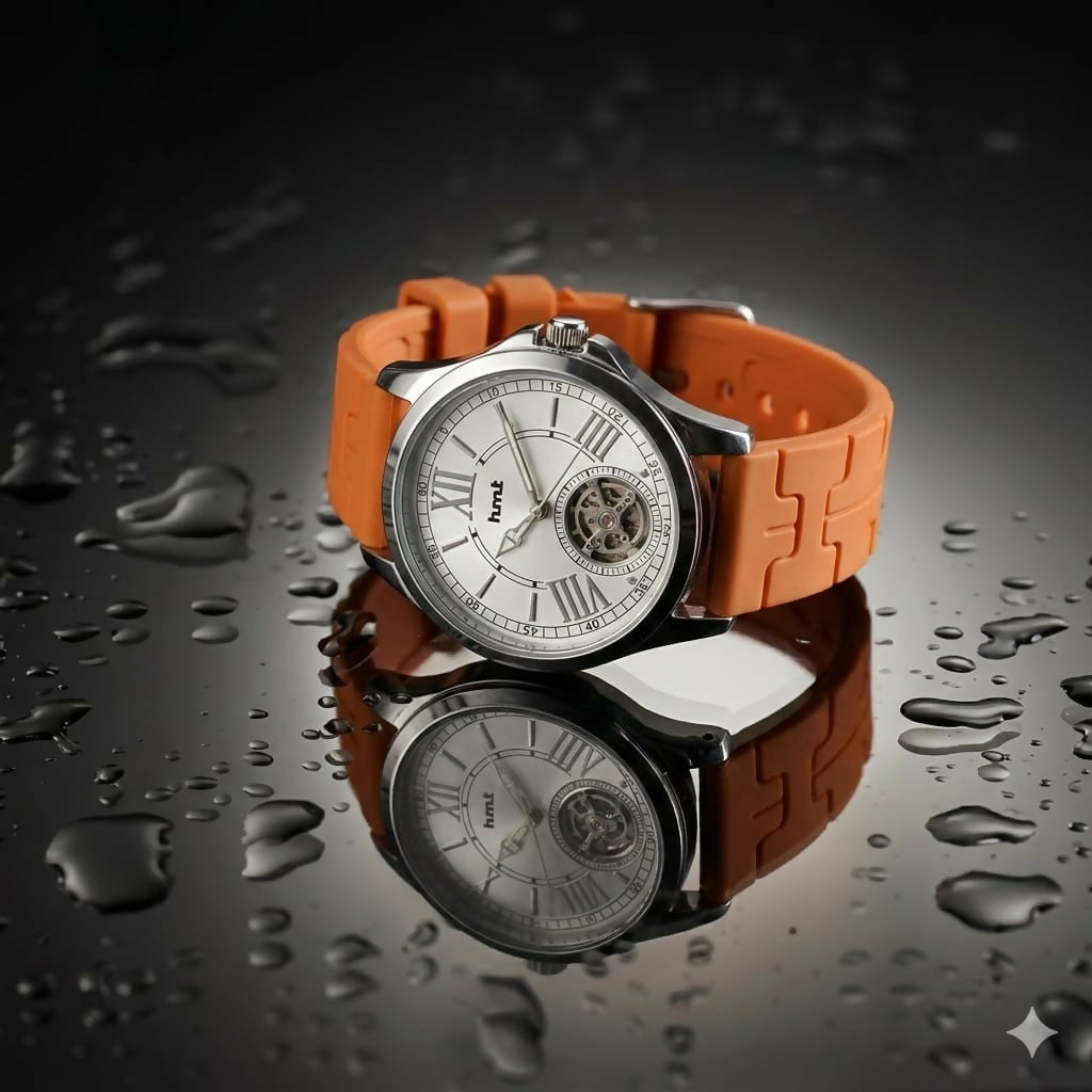 Luxury Analog Men’s Wrist Watch with Skeleton Dial and Orange Silicone Strap 2 Luxury Analog Men’s Wrist Watch with Skeleton Dial and Orange Silicone Strap - Image 2