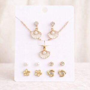Women’s Elegant Gold-Plated Shell Pearl Jewelry Set with Stud & Drop Earrings (Pack Of 6)