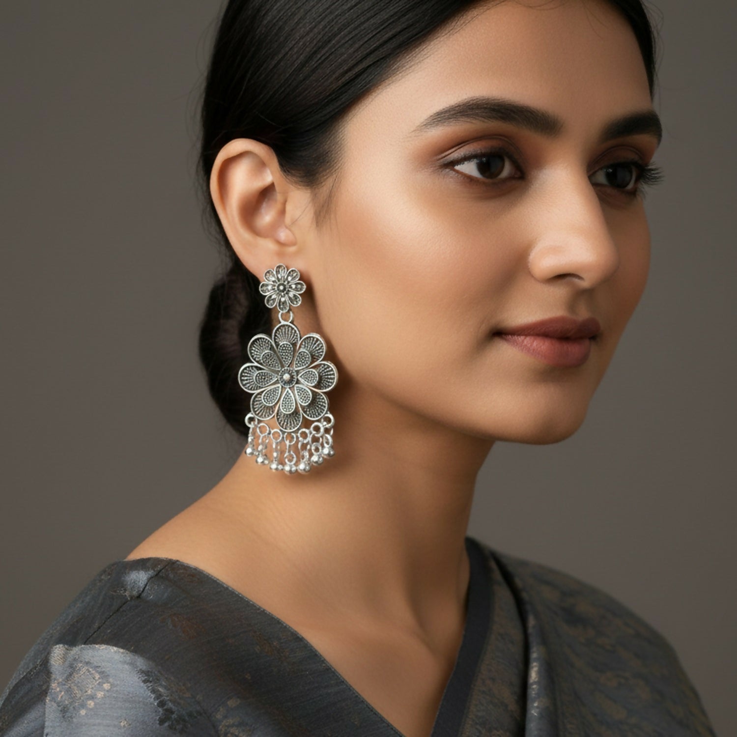 Elegant Oxidised Silver Jhumka Earings With Layered Floral Design 2 Elegant Oxidised Silver Jhumka Earings With Layered Floral Design - Image 2