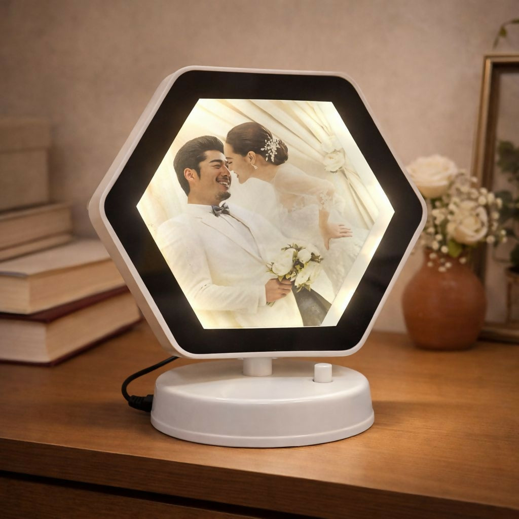 Hexagon LED Photo Frame Table Lamp with Mirror Effect 1 Hexagon LED Photo Frame Table Lamp with Mirror Effect