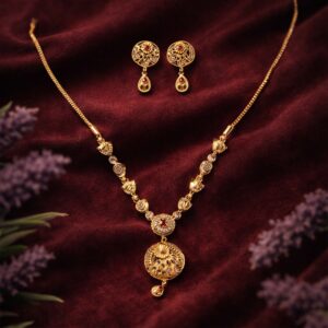 Classic Gold-Tone Floral Engraved Pendant Necklace Set with Designer Stud Earrings