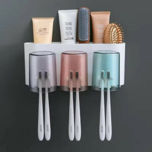 Self Adhesive Toothbrush Holder 3 Cup Set Wall Mounted Bathroom Organizer Storage