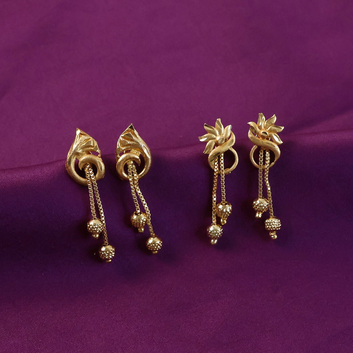 Graceful Flower Crown Gold Dangle Earrings with Bead Drops and Chains (2 Pair) 1 Graceful Flower Crown Gold Dangle Earrings with Bead Drops and Chains (2 Pair)