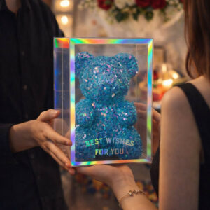 Blue Glitter Teddy Bear Showpiece with Transparent Gift Display Box