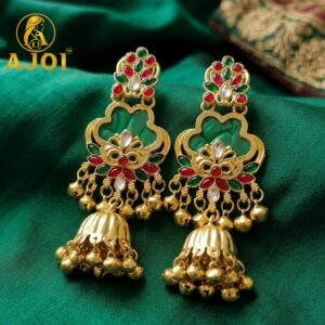 Royal Green Kundan Jhumka Earrings with Gold Finish & Ghungroo Drops