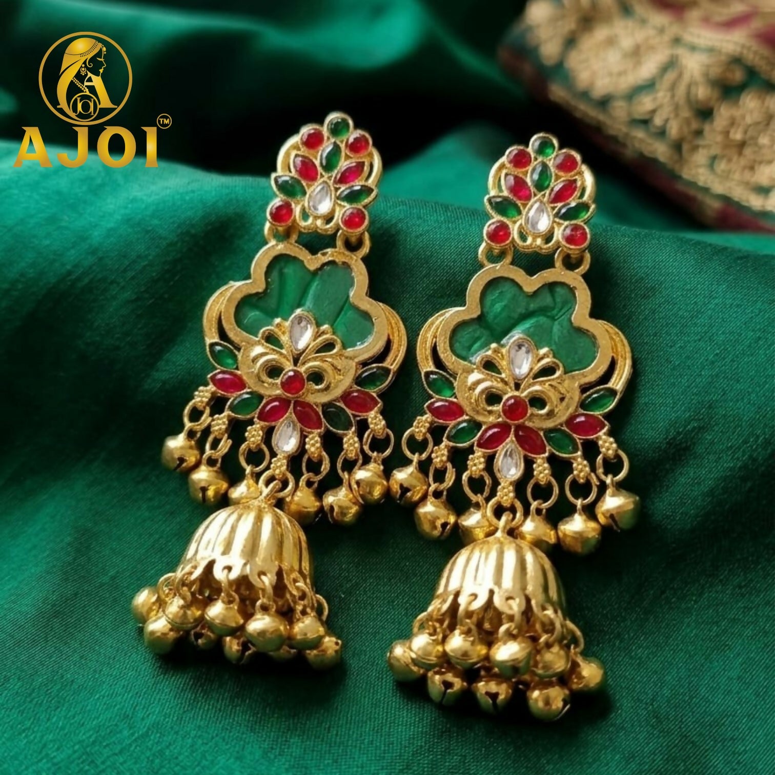 Royal Green Kundan Jhumka Earrings with Gold Finish & Ghungroo Drops 1 Royal Green Kundan Jhumka Earrings with Gold Finish & Ghungroo Drops
