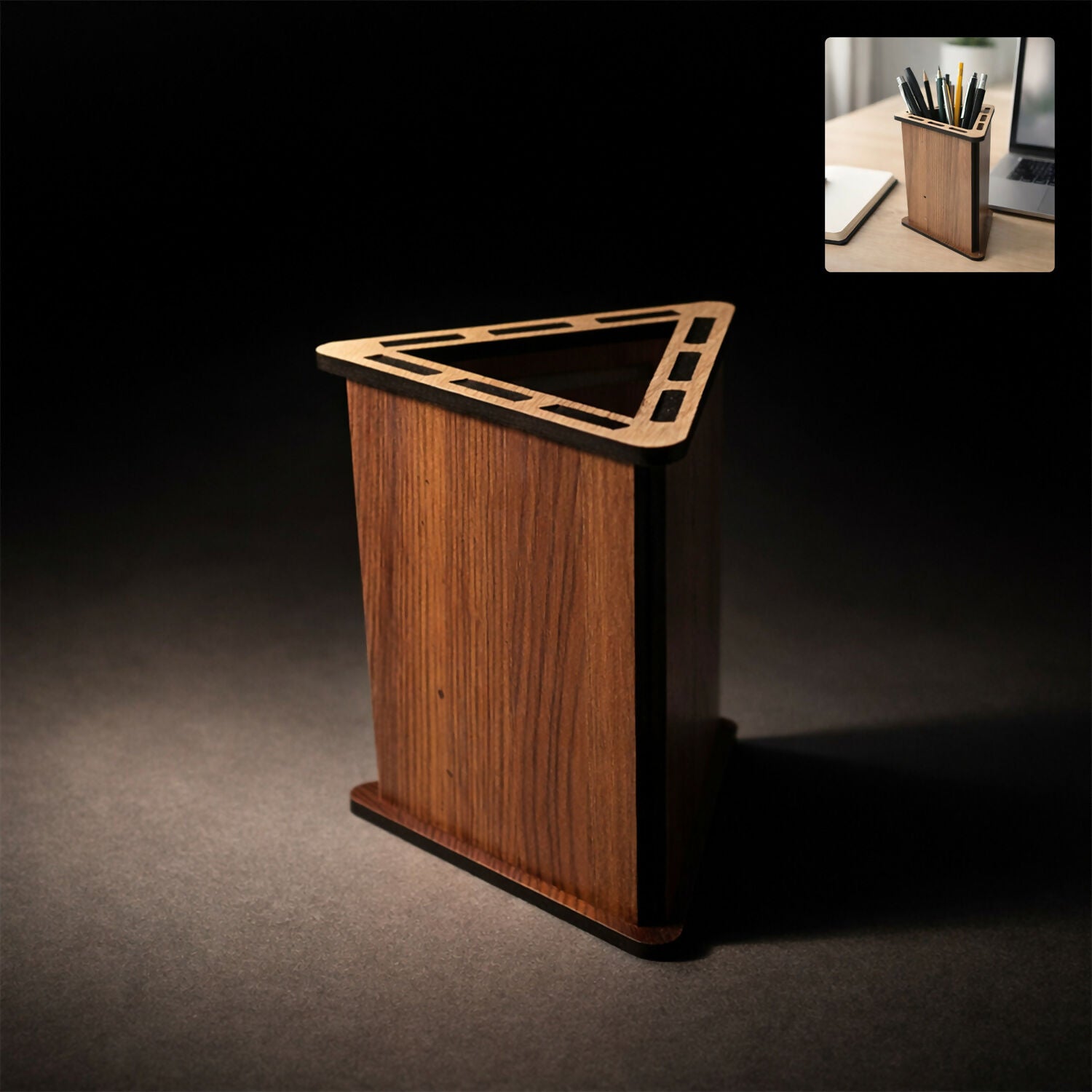 Triangular Wooden Pen Stand for Office Desk & Study Table – Compact Desktop Size 1 Triangular Wooden Pen Stand for Office Desk & Study Table – Compact Desktop Size