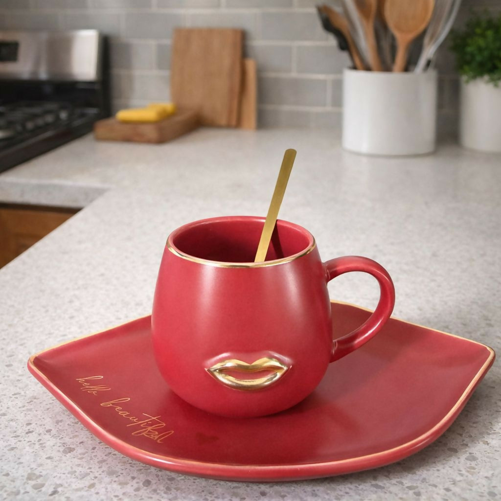 Red Ceramic Coffee Mug with Tray & Spoon Lip Design Cup Set 1 Red Ceramic Coffee Mug with Tray & Spoon Lip Design Cup Set