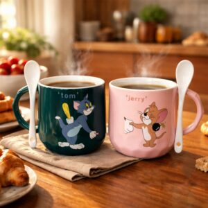 Cartoon Couple Ceramic Coffee Mug Set with Spoons Gift Box (Set of 2)