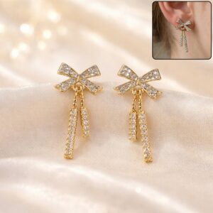 Premium Golden Bow-Knot Diamond Tassel Earrings (Korean Collection)