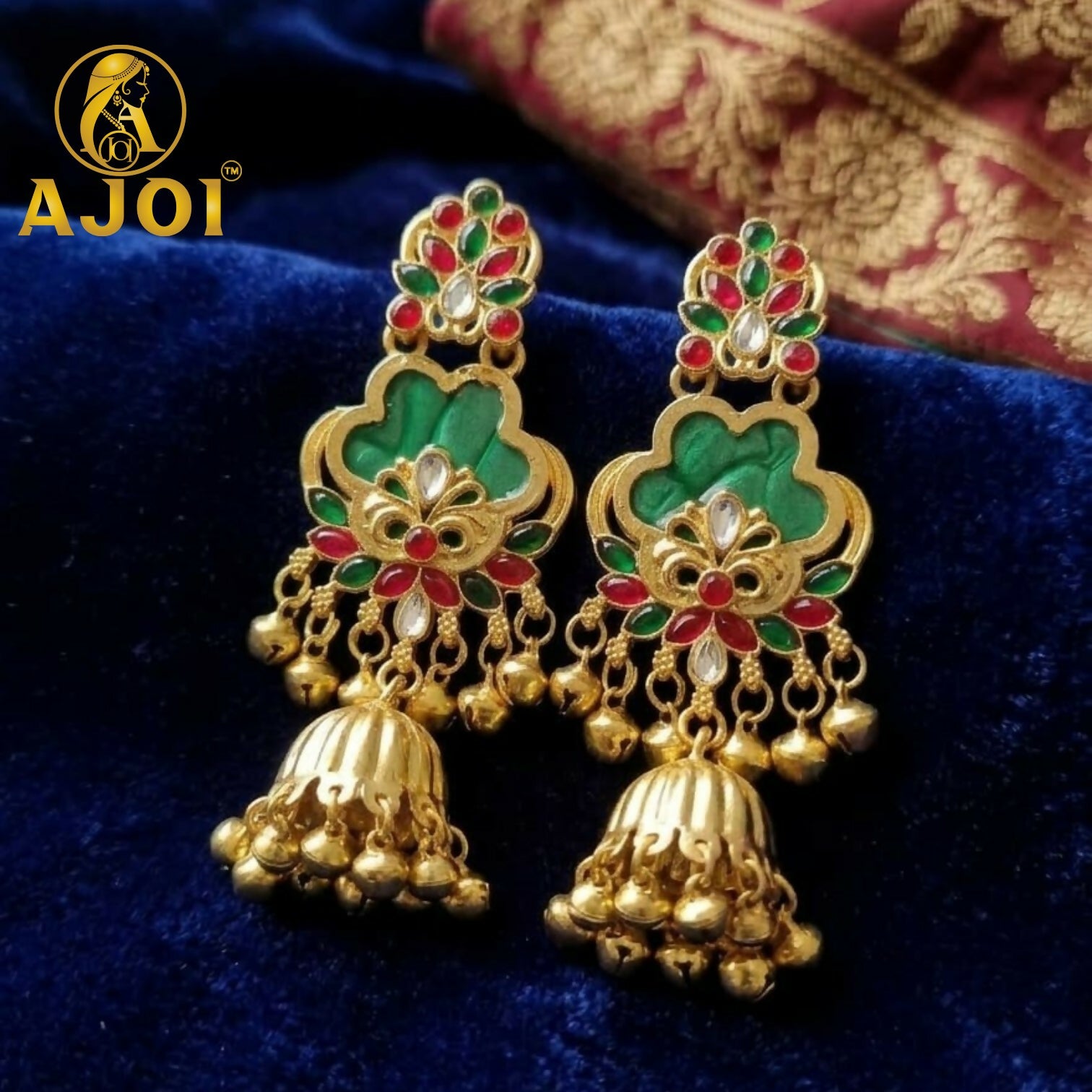 Royal Green Kundan Jhumka Earrings with Gold Finish & Ghungroo Drops 3 Royal Green Kundan Jhumka Earrings with Gold Finish & Ghungroo Drops - Image 3