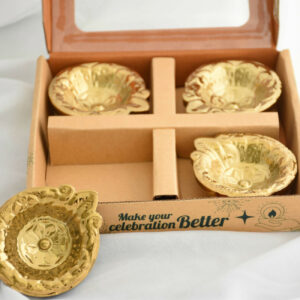 Traditional Leaf Shape Decorative Ceramic Diya with Gold PVD Plating & Shiny Metallic Finish (4 Pc)