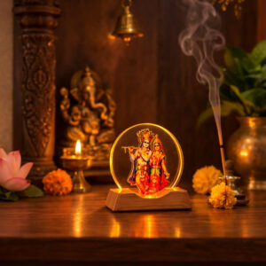 LED Radha Krishna Acrylic Lamp with Wooden Base Spiritual Decor