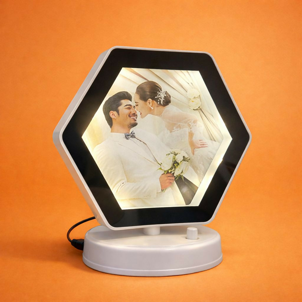 Hexagon LED Photo Frame Table Lamp with Mirror Effect 2 Hexagon LED Photo Frame Table Lamp with Mirror Effect - Image 2