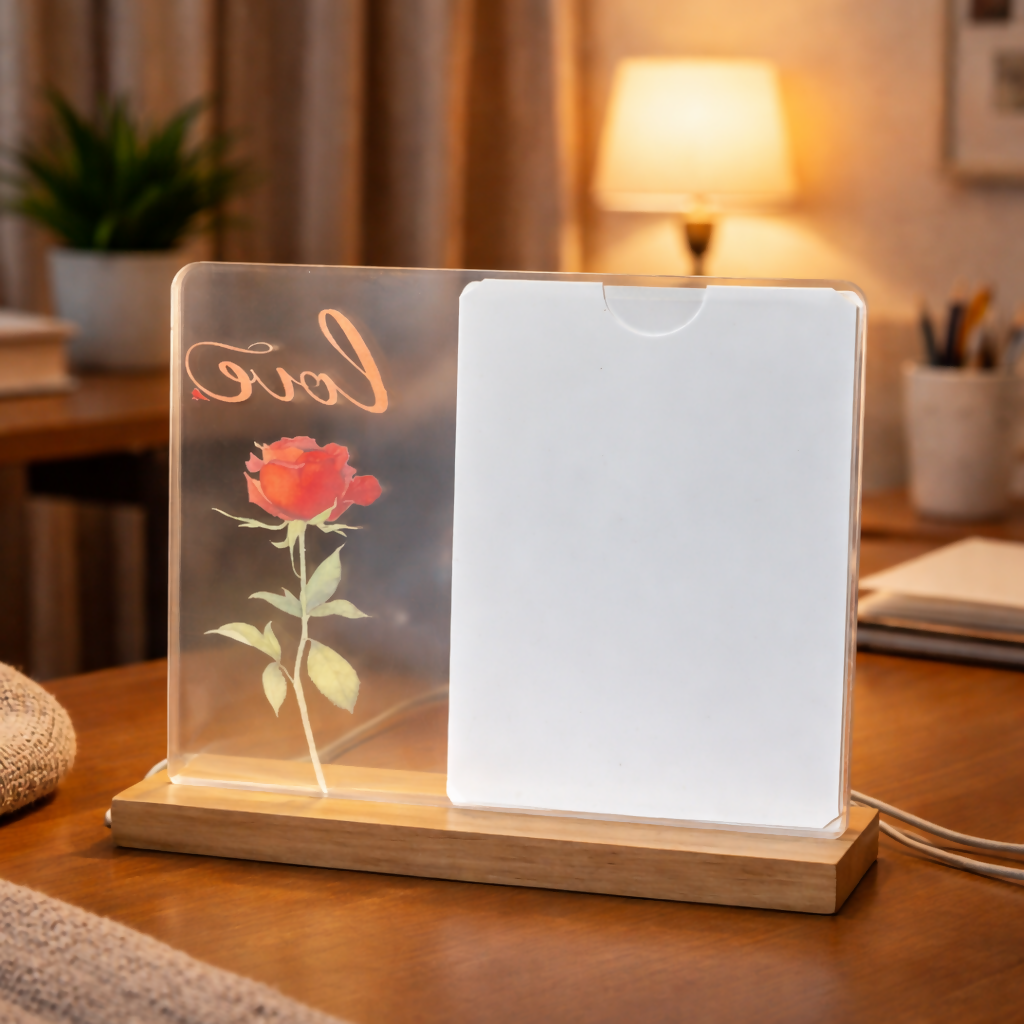 LED Acrylic Photo Frame with Rose Design & Wooden Base Decor 3 LED Acrylic Photo Frame with Rose Design & Wooden Base Decor - Image 3
