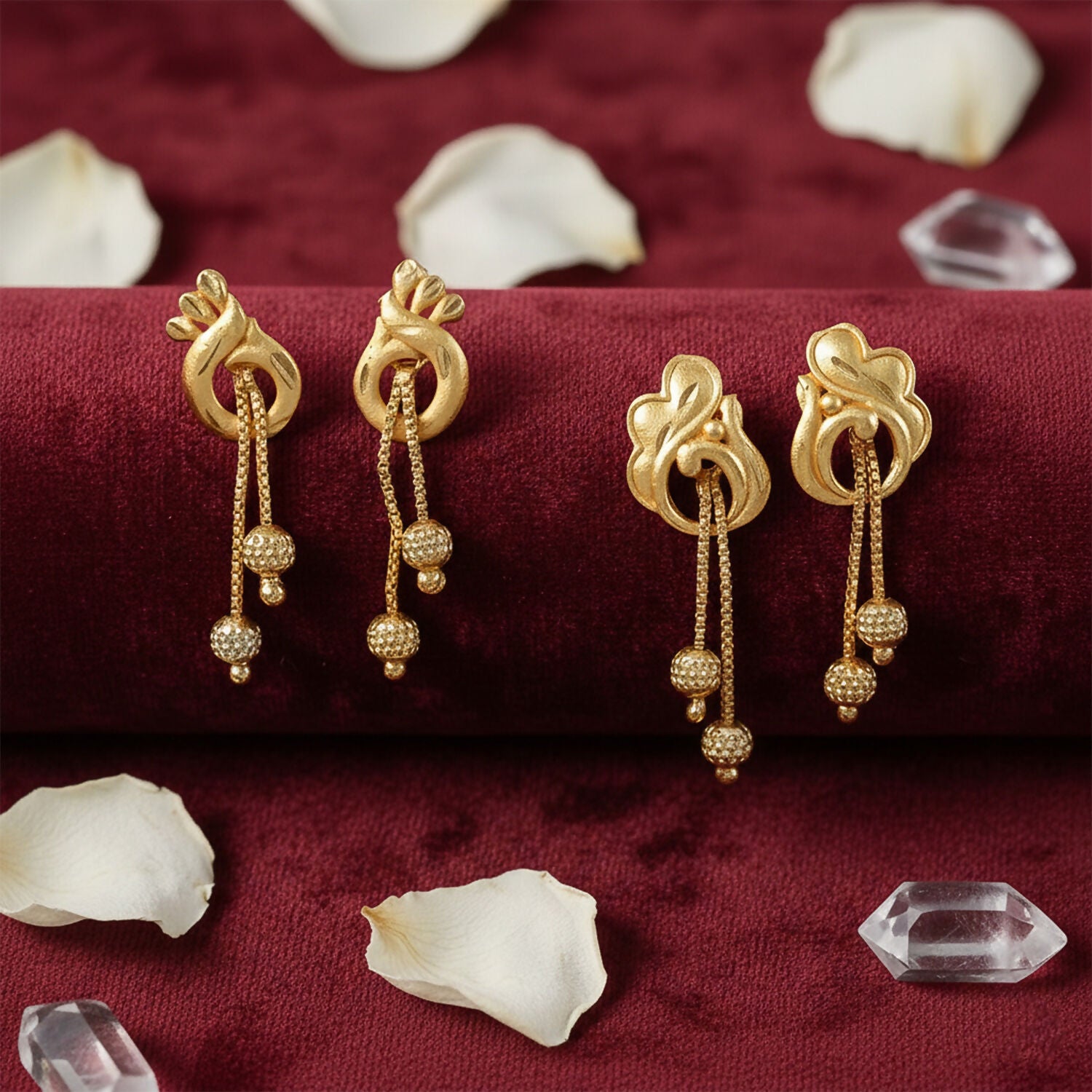 Elegant Gold Dangle Earrings Combo Set with Floral and Heart Inspired Studs (2 Pair) 1 Elegant Gold Dangle Earrings Combo Set with Floral and Heart Inspired Studs (2 Pair)