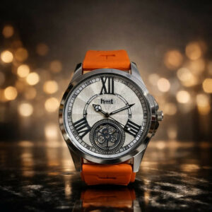 Luxury Analog Men’s Wrist Watch with Skeleton Dial and Orange Silicone Strap