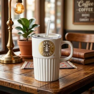 Ceramic Coffee Mug with Lid and Straw Premium Tea Cup Set