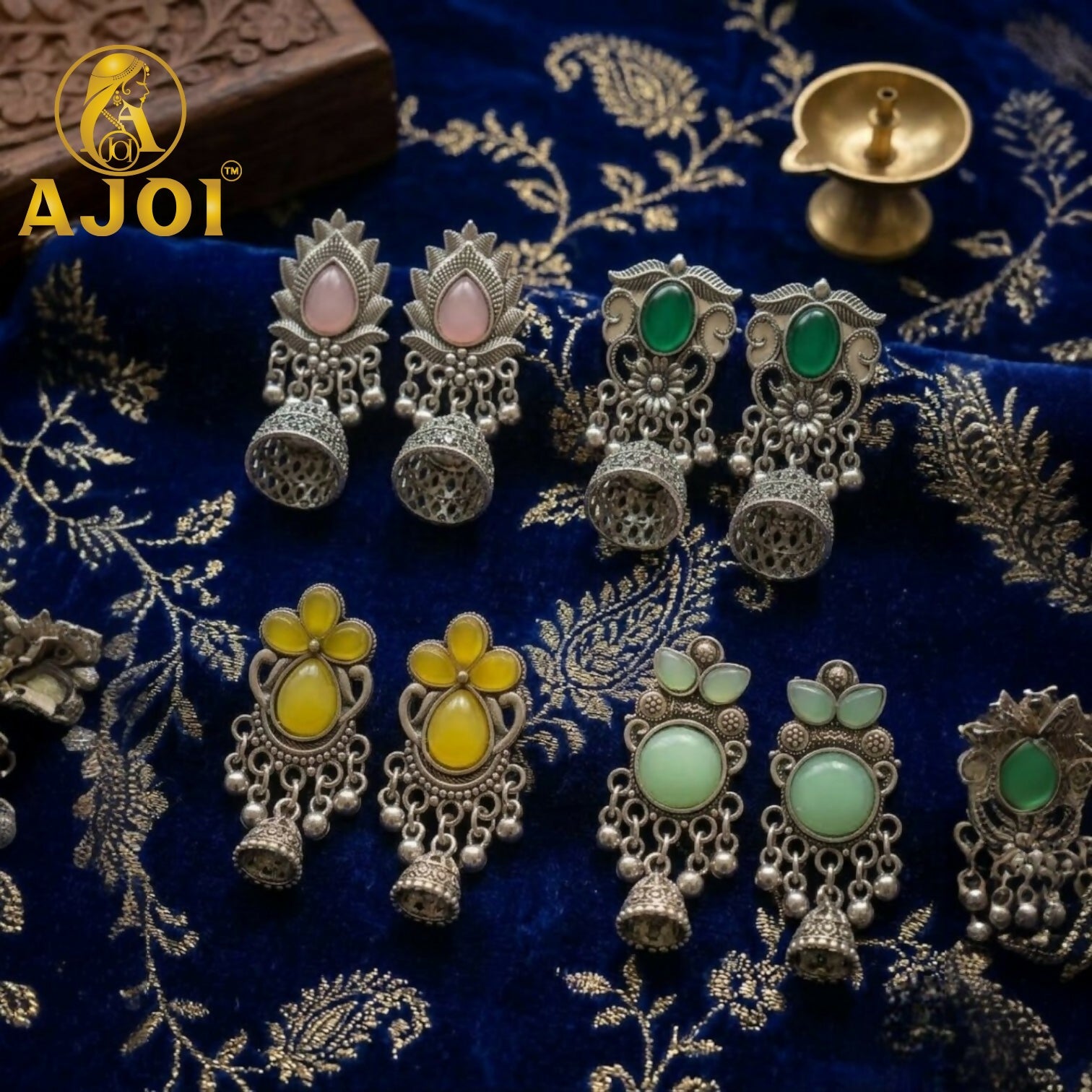 Oxidized Silver Jhumka Earrings Combo with Color Set of 4 3 Oxidized Silver Jhumka Earrings Combo with Color Set of 4 - Image 3