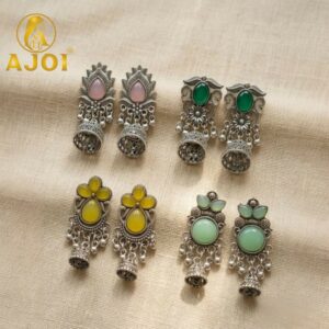 Oxidized Silver Jhumka Earrings Combo with Color Set of 4