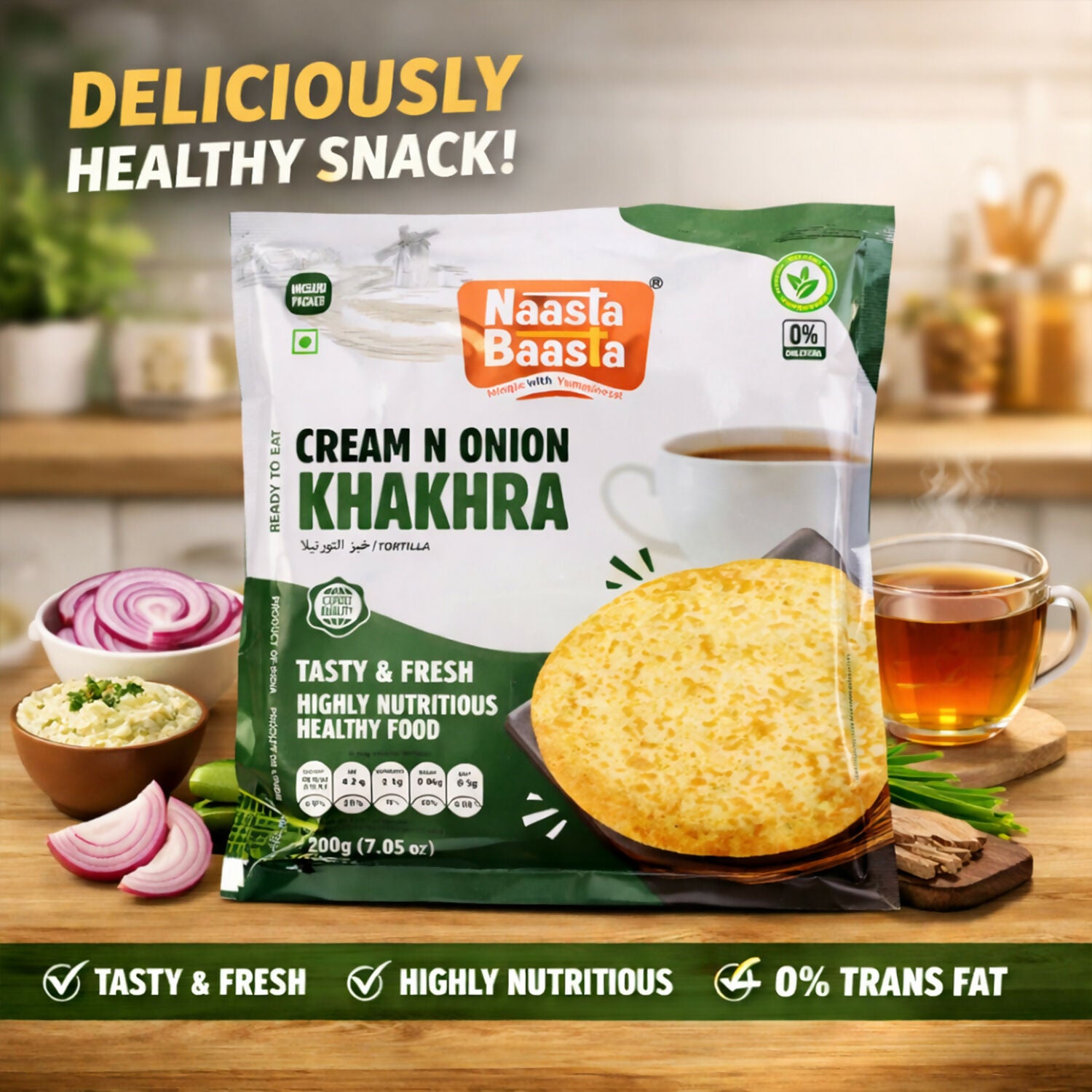 Naasta Baasta Cream N Onion Khakhra Ready to Eat Crispy & Nutritious Snack (200gm) 2 Naasta Baasta Cream N Onion Khakhra Ready to Eat Crispy & Nutritious Snack (200gm) - Image 2