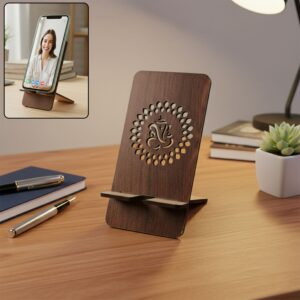 Wooden Mobile Stand with Dual-Side Ganesha Design, Reversible Foldable Phone Holder