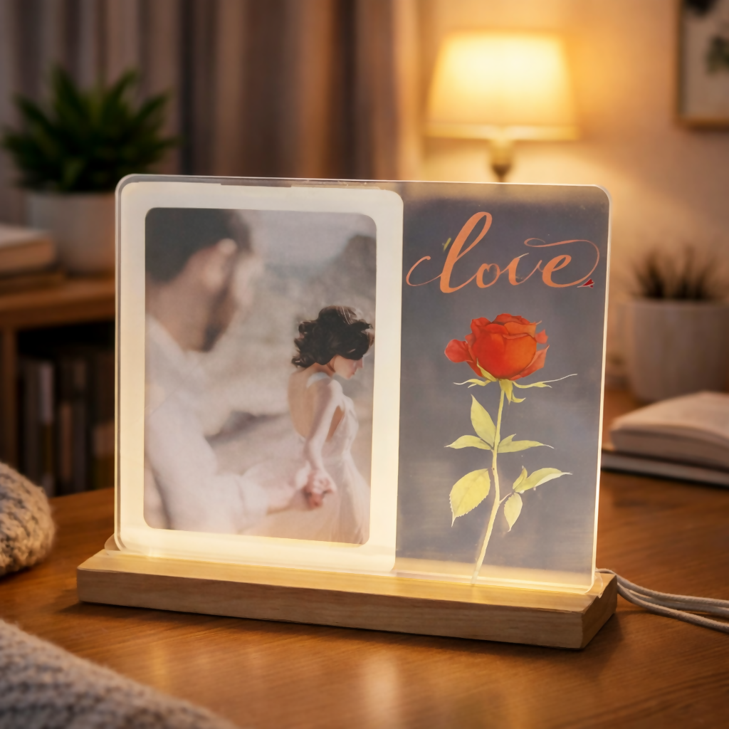LED Acrylic Photo Frame with Rose Design & Wooden Base Decor 1 LED Acrylic Photo Frame with Rose Design & Wooden Base Decor