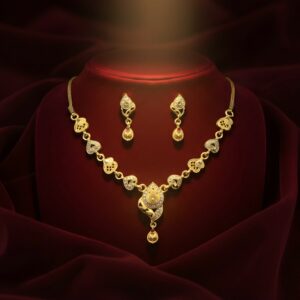 Elegant Gold-Tone Heart Motif Necklace Set with Designer Pendant & Matching Drop Earrings