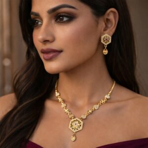 Designer Gold-Tone Hexagon Pendant Necklace Set with Heart Link Chain & Matching Earrings