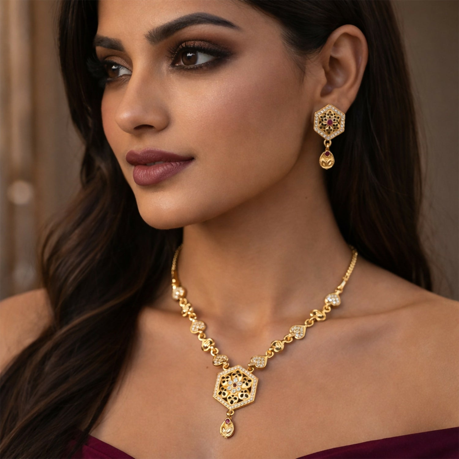 Designer Gold-Tone Hexagon Pendant Necklace Set with Heart Link Chain & Matching Earrings 1 Designer Gold-Tone Hexagon Pendant Necklace Set with Heart Link Chain & Matching Earrings