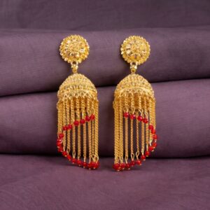 Traditional Gold Tone Tassel Jhumka Earrings Long Chain Drop Ethnic Earrings for Women
