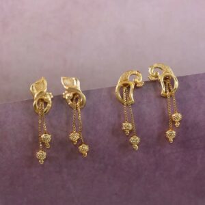 Elegant Gold-Toned Ethnic Earrings Set with Floral Peacock Design & Beads (2 Pair)