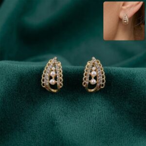 Royal Korean Crystal Arch & Triple Pearl Stud Earrings For Women And Girls