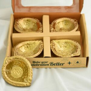 Traditional Engraved Decorative Ceramic Diya with Gold PVD Plating & Antique Metallic Finish (4 pc)