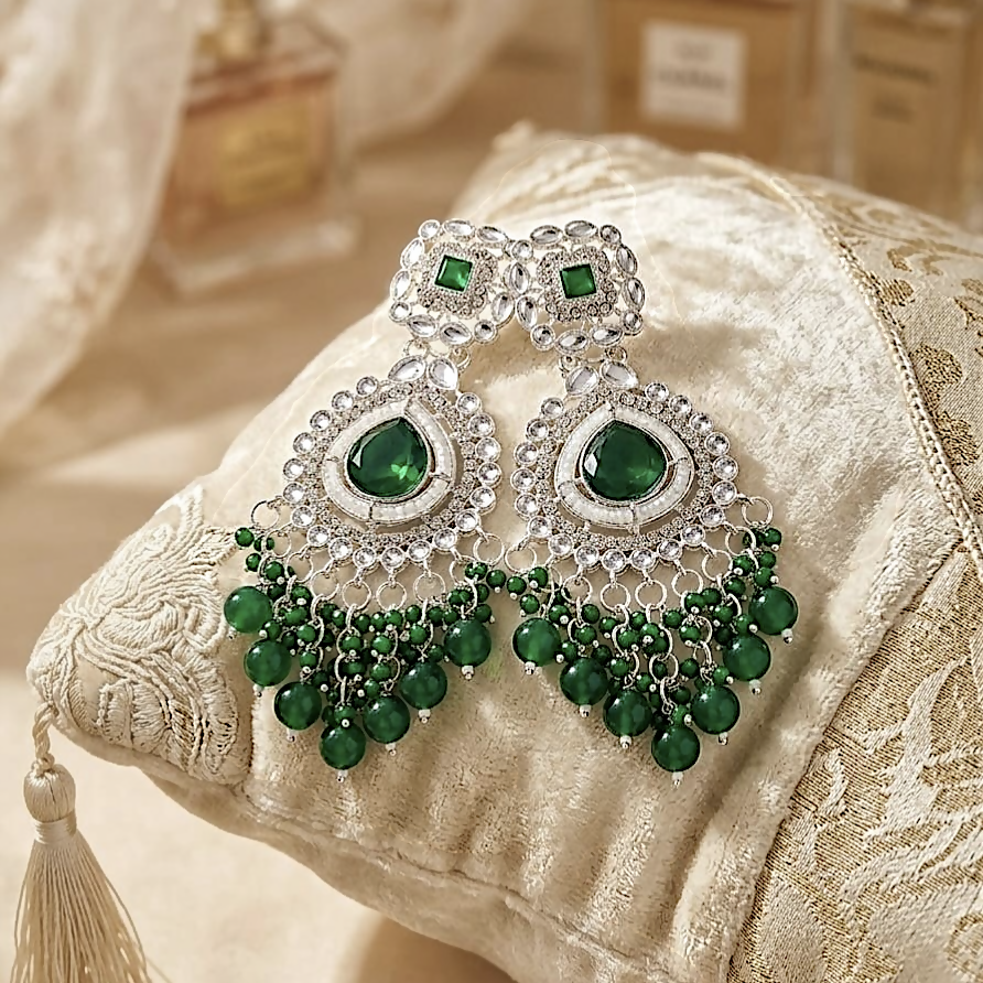 Emerald Green Kundan & Pearl Chandbali Earrings – Silver-Toned Festive Jhumkas 3 Emerald Green Kundan & Pearl Chandbali Earrings – Silver-Toned Festive Jhumkas - Image 3