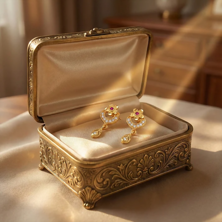 Elegant Gold Plated Stud Earrings with Ruby Accent & Drop Design 3 Elegant Gold Plated Stud Earrings with Ruby Accent & Drop Design - Image 3