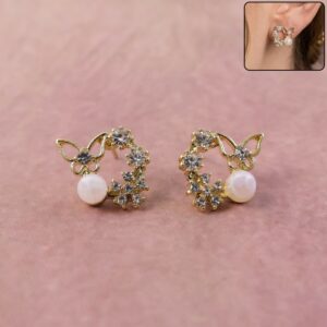 Butterfly Pearl Crystal Stud Earrings for Women And Girls