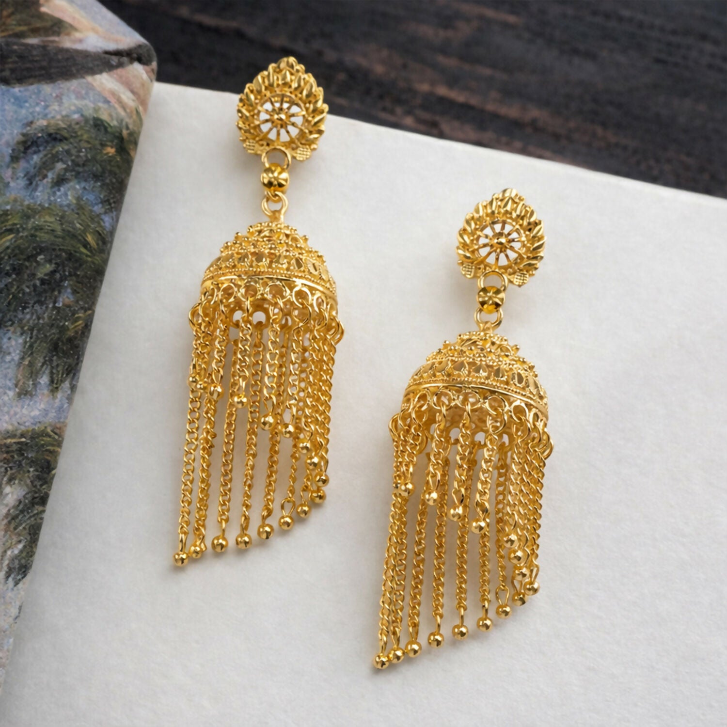 Traditional Gold Tone Chain Tassel Jhumka Earrings Long Ethnic Dangle Earrings for Women 1 Traditional Gold Tone Chain Tassel Jhumka Earrings Long Ethnic Dangle Earrings for Women