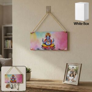 Ganpati Printed Wooden Key Holder with Rope Hanging & 4 Hooks – 6 x 12 Inch