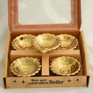 Classic Round Petal Design Decorative Ceramic Diya with Gold PVD Plating & Metallic Finish (4 Pc)
