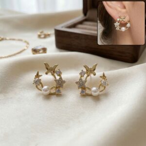 Korean Butterfly & Floral Pearl Wreath Studs For Girls And Women