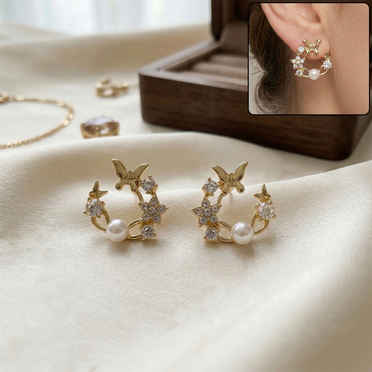 Korean Butterfly & Floral Pearl Wreath Studs For Girls And Women 1 Korean Butterfly & Floral Pearl Wreath Studs For Girls And Women